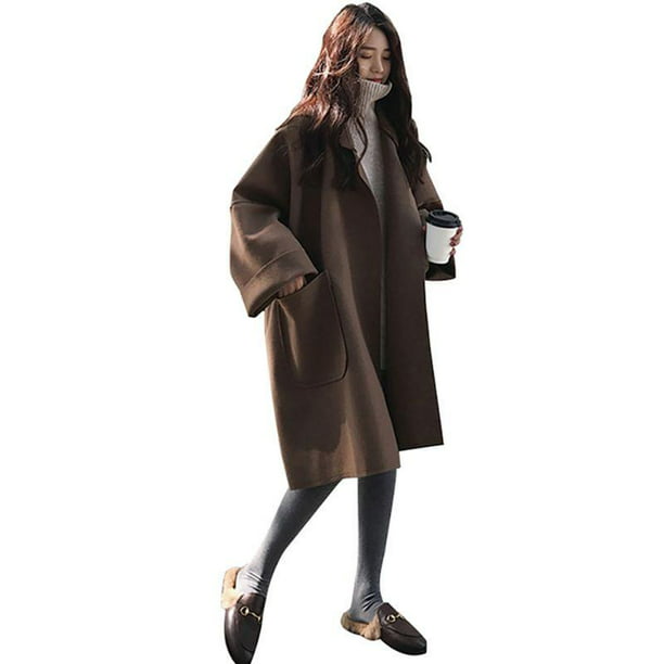 Womens Woolen Blend Plaid Lapel Long Parka Ourwear Coats Casual Overcoat Size